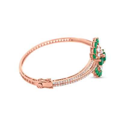 18K Rose Gold Diamond And Emerald Color Green Stone Split Shank Bangle