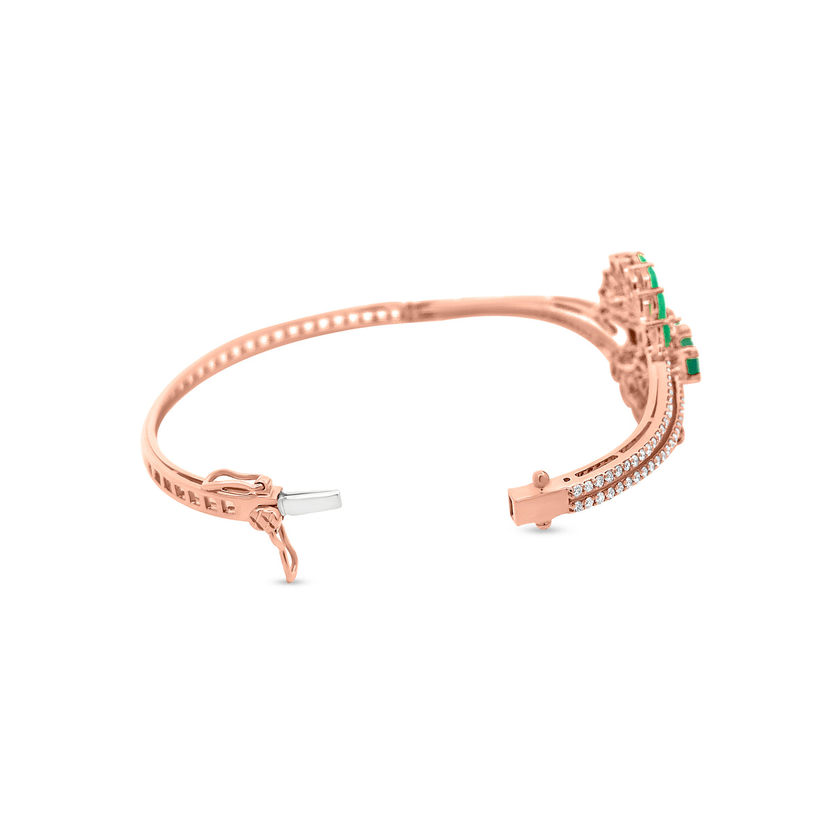 18K Rose Gold Diamond And Emerald Color Green Stone Split Shank Bangle