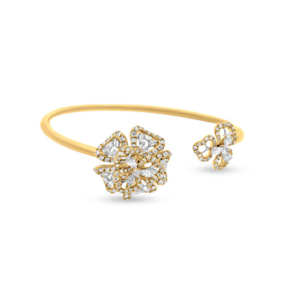 18K Yellow Gold Diamond Flower Motif Unique Cuff Bangle