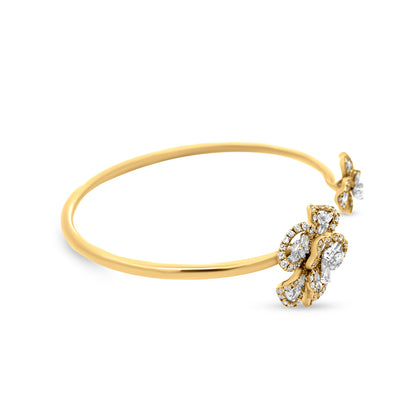 18K Yellow Gold Diamond Flower Motif Unique Cuff Bangle