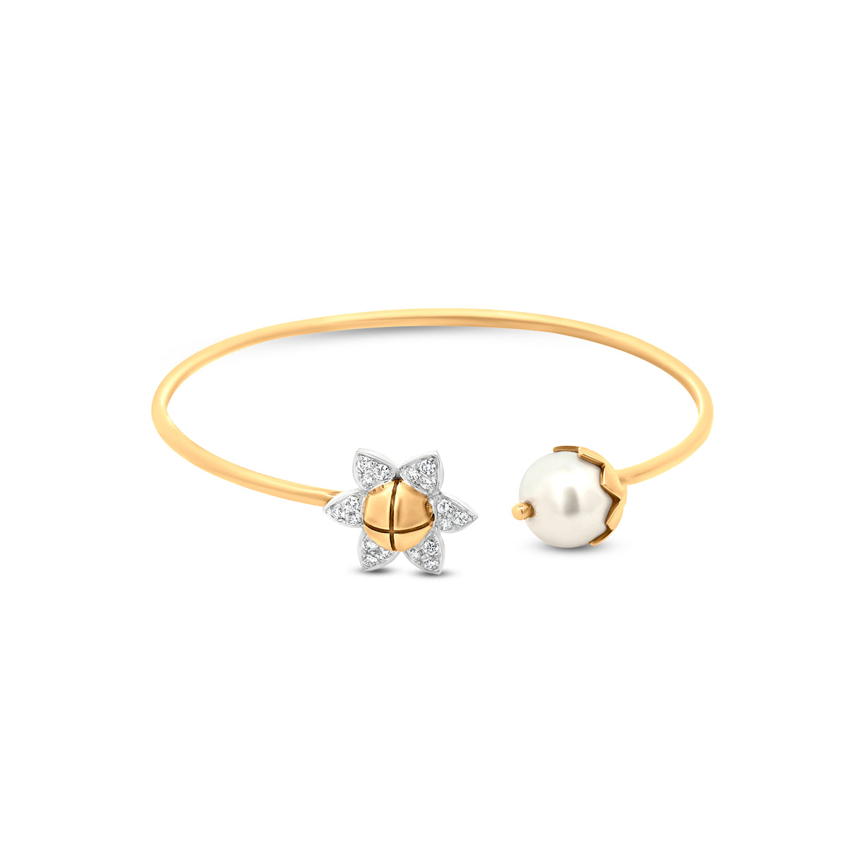 Stunning 18k Yellow Gold Cuff Bangle with Sunflower Design Studded Diamonds, and Shiny Pearl - Perfect Party Wear