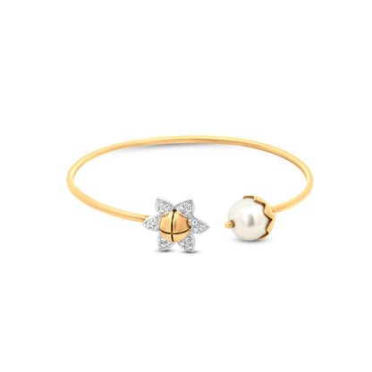 Stunning 18k Yellow Gold Cuff Bangle with Sunflower Design Studded Diamonds, and Shiny Pearl - Perfect Party Wear