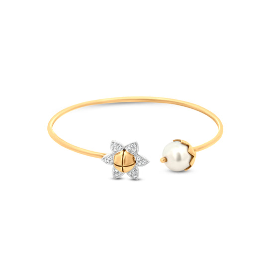 Stunning 18k Yellow Gold Cuff Bangle with Sunflower Design Studded Diamonds, and Shiny Pearl - Perfect Party Wear