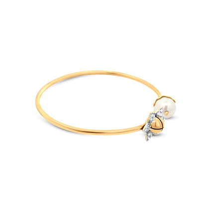 Stunning 18k Yellow Gold Cuff Bangle with Sunflower Design Studded Diamonds, and Shiny Pearl - Perfect Party Wear