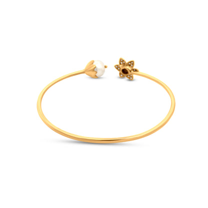 Stunning 18k Yellow Gold Cuff Bangle with Sunflower Design Studded Diamonds, and Shiny Pearl - Perfect Party Wear