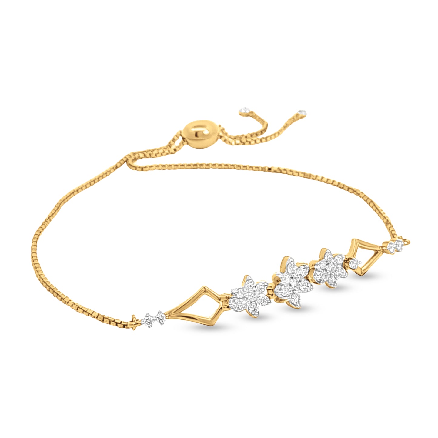 Triveni Blooms: 18k Yellow Gold 3 Flower Motif Chain Bolo Bracelet with Diamonds