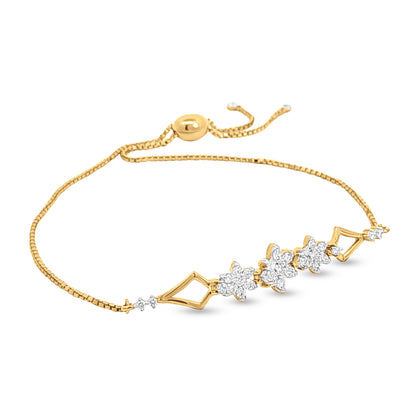 Triveni Blooms: 18k Yellow Gold 3 Flower Motif Chain Bolo Bracelet with Diamonds