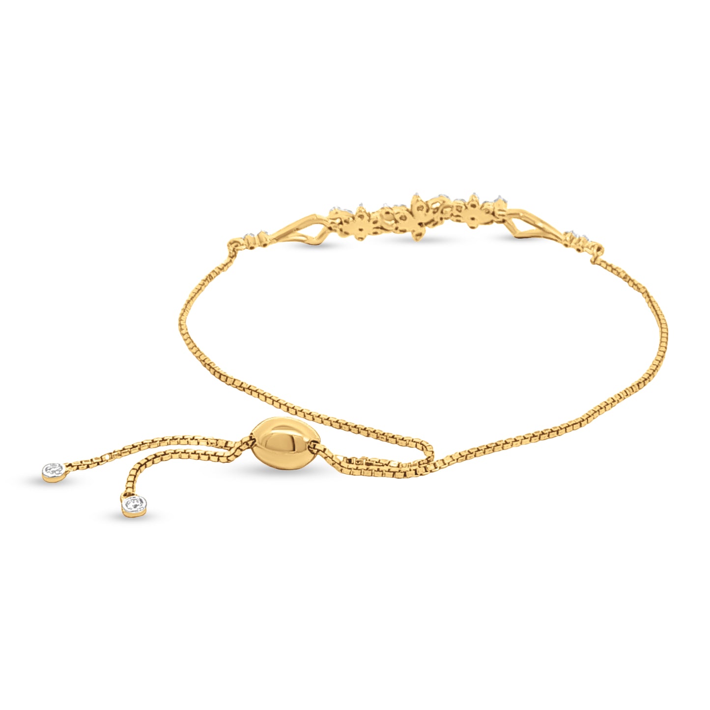 Triveni Blooms: 18k Yellow Gold 3 Flower Motif Chain Bolo Bracelet with Diamonds