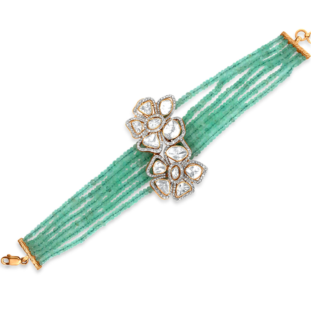 Flower Motif Emerald Beads Bracelet With Diamond Polki In 18K Yellow Gold
