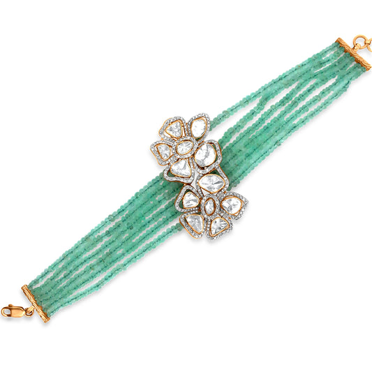 Flower Motif Emerald Beads Bracelet With Diamond Polki In 18K Yellow Gold