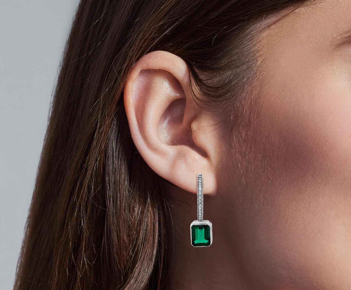 Pranjal - 14K White Gold Lab-Grown Diamond Hoop Earrings with Hanging Emerald