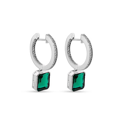 Pranjal - 14K White Gold Lab-Grown Diamond Hoop Earrings with Hanging Emerald
