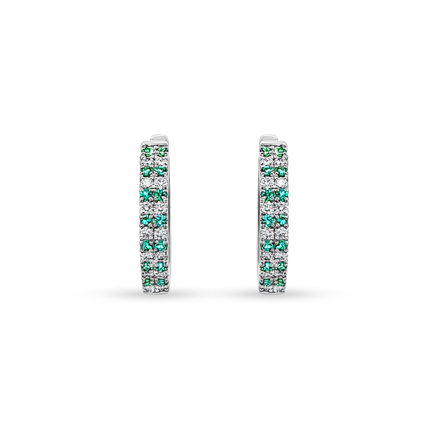14K White Gold Diamond and Emerald Huggie Earrings