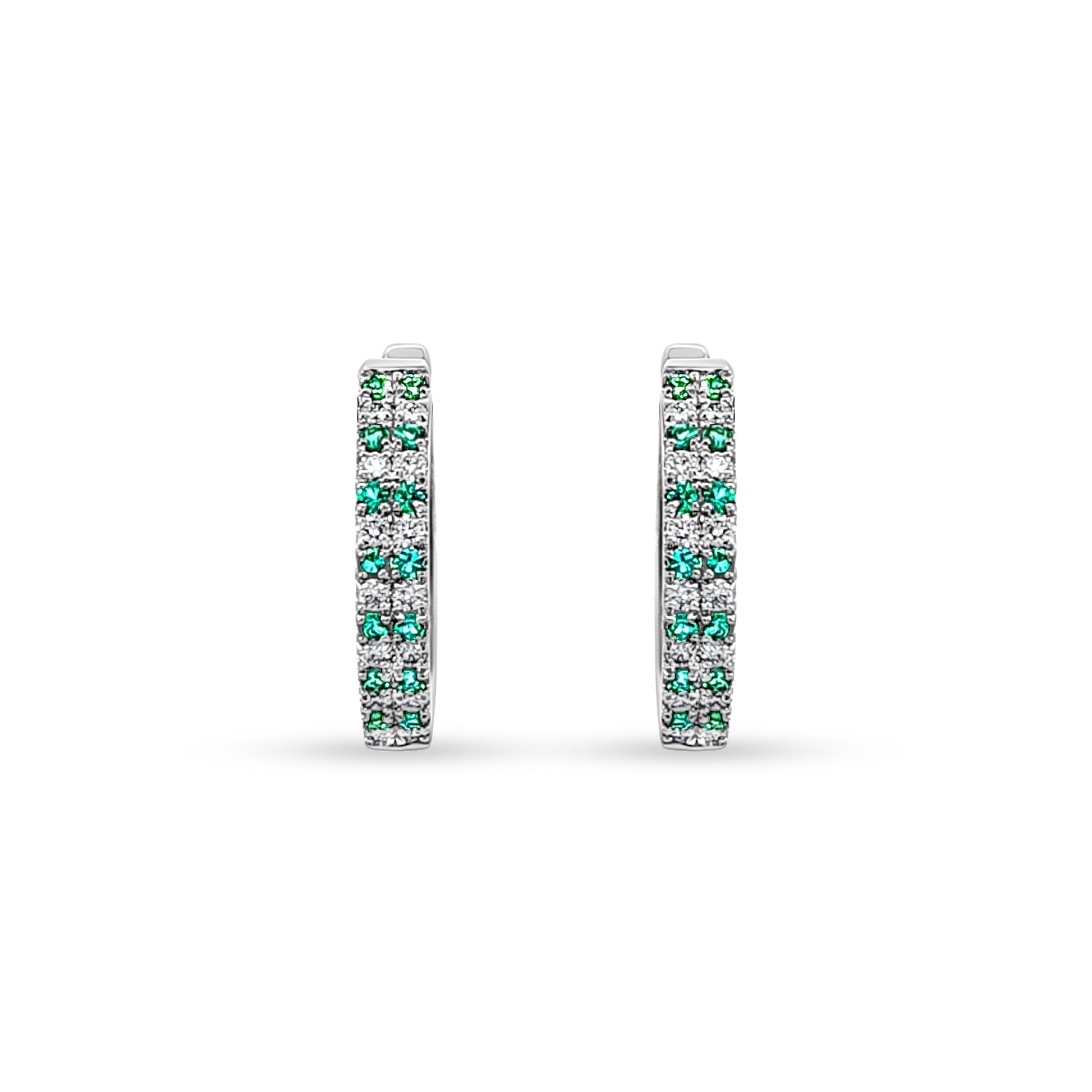14K White Gold Diamond and Emerald Huggie Earrings