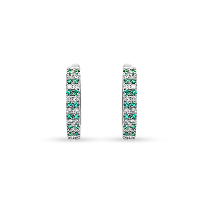 14K White Gold Diamond and Emerald Huggie Earrings