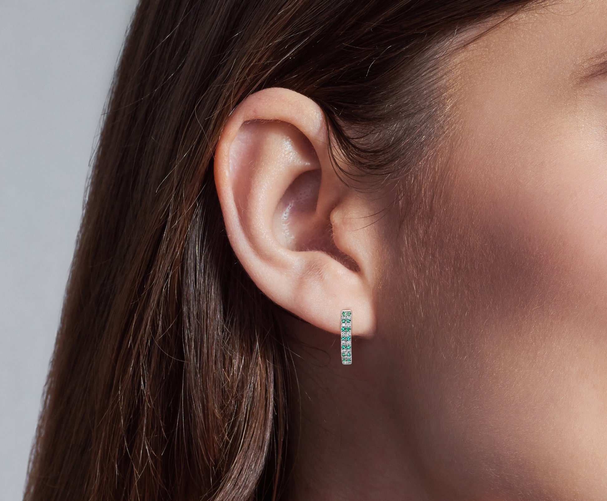 14K White Gold Diamond and Emerald Huggie Earrings