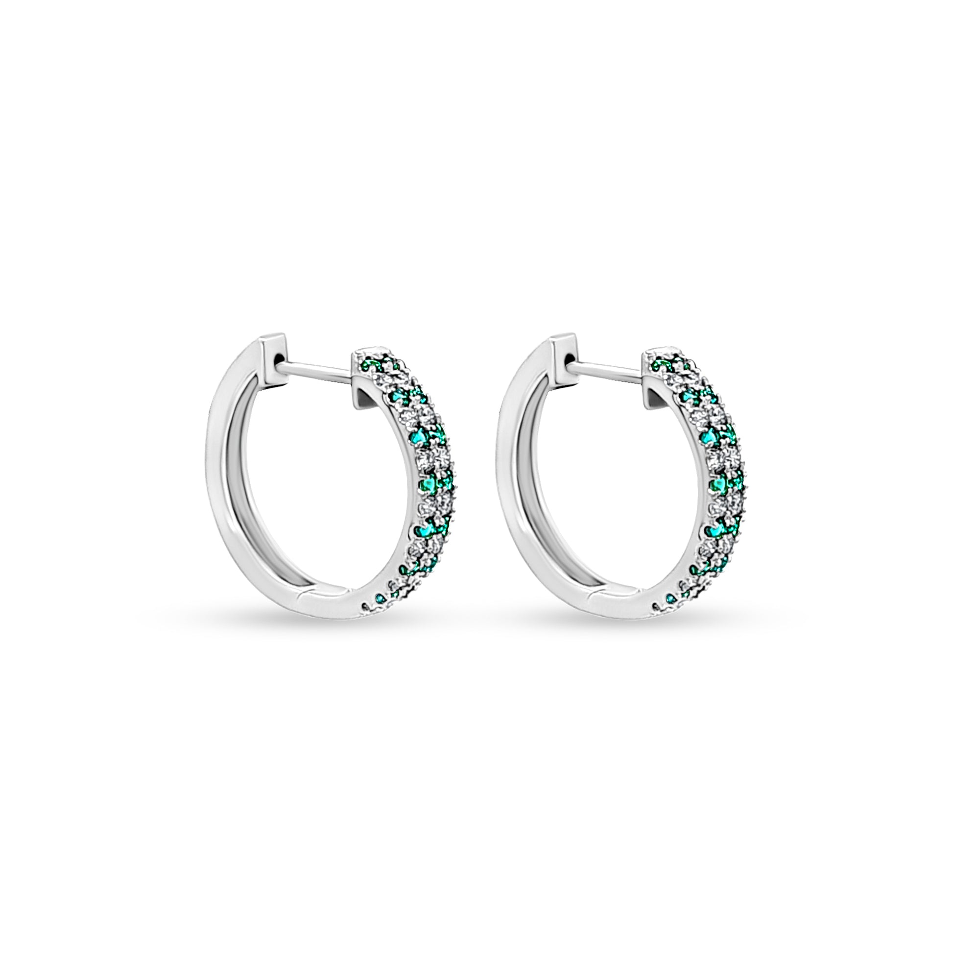 14K White Gold Diamond and Emerald Huggie Earrings