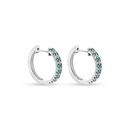 14K White Gold Diamond and Emerald Huggie Earrings