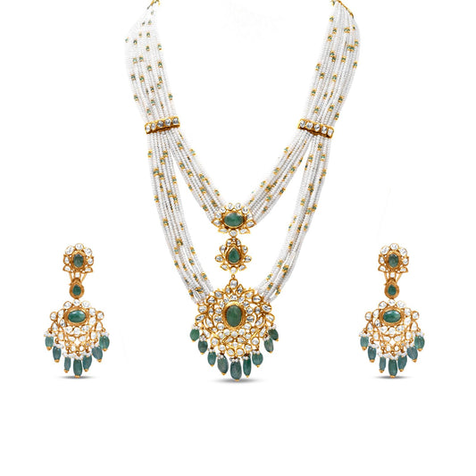 Polki Necklace Set With Emerald And Pearl In 18K Yellow Gold