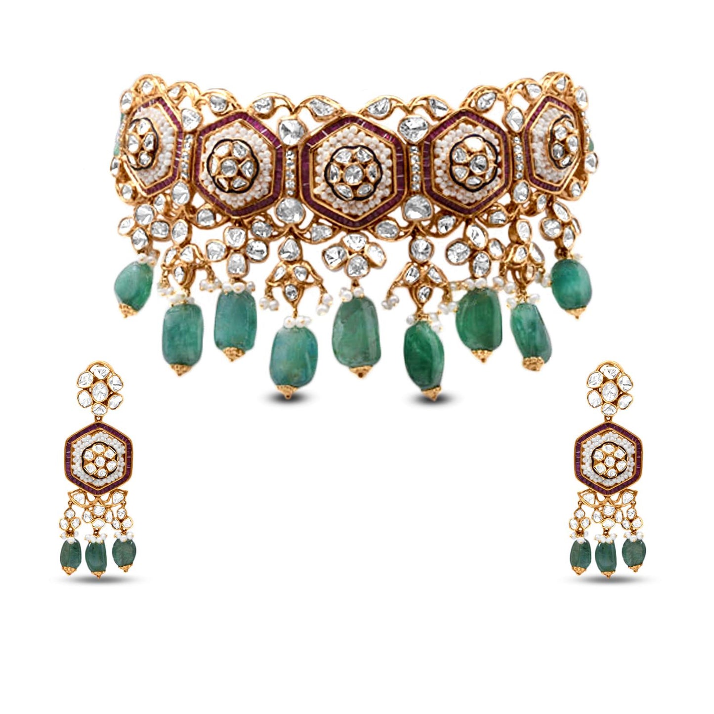 Choker Polki Necklace With Emerald, Pearl And Ruby In 18K Yellow Gold