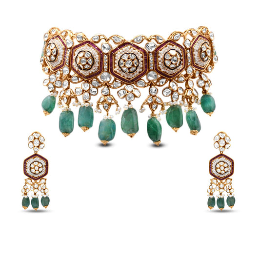 Choker Polki Necklace With Emerald, Pearl And Ruby In 18K Yellow Gold