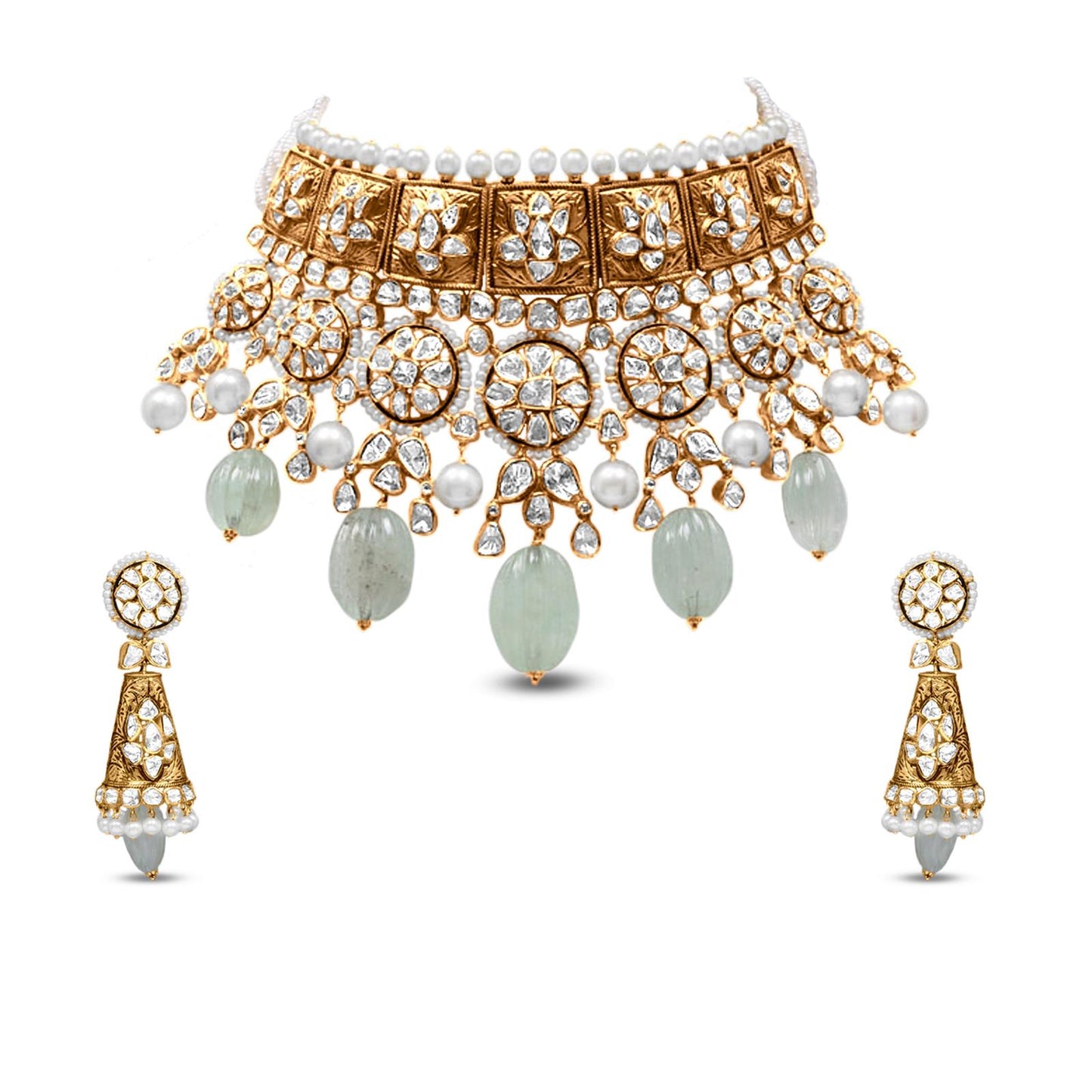 Choker Necklace Set With Emerald And Pearl In 18K Yellow Gold