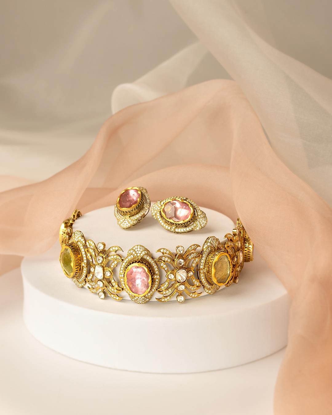 Shahi Ratna: 14K & 18K Yellow Gold Elegant Polki & Gemstone Choker Set