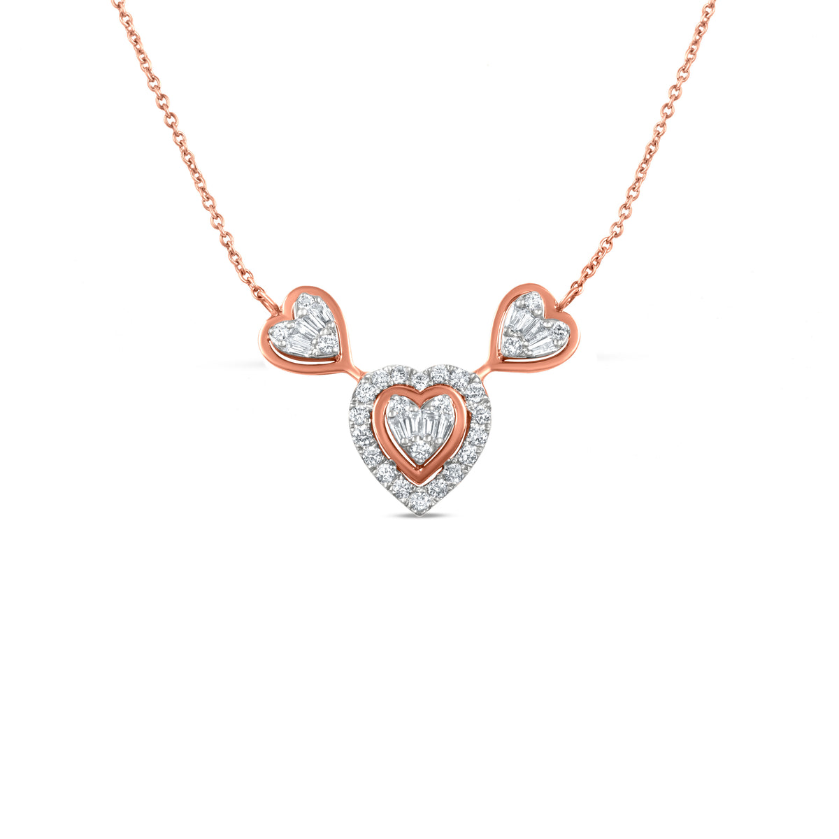18k Rose Gold Triple Heart Diamond Pendant Necklace
