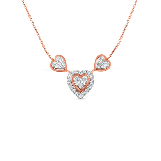 18k Rose Gold Triple Heart Diamond Pendant Necklace