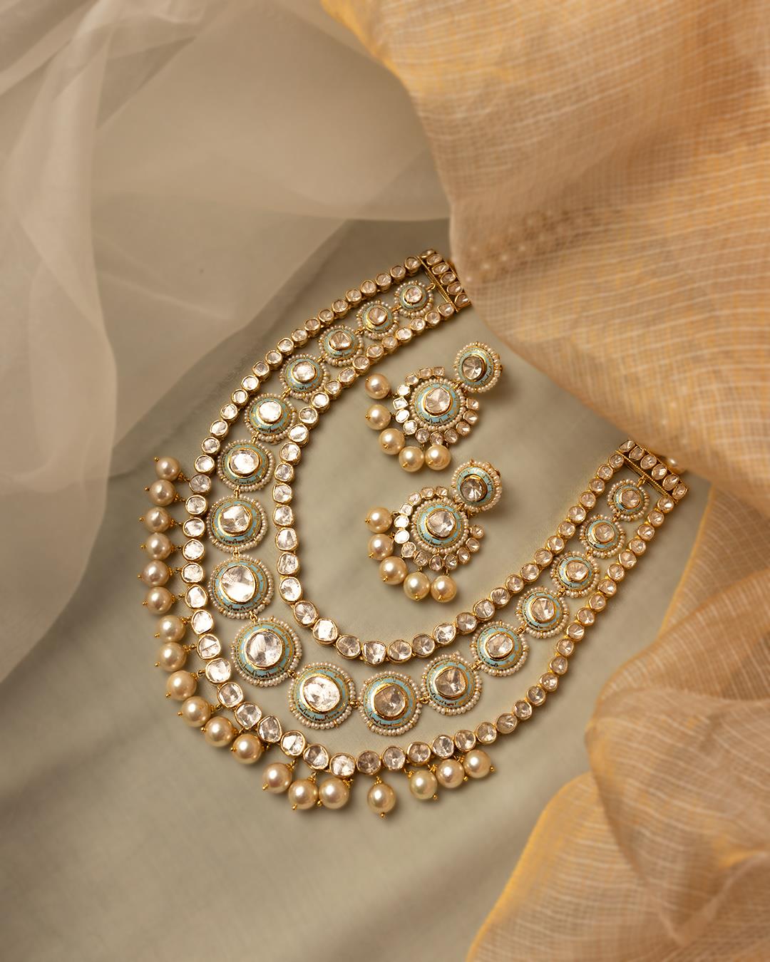 Rajputi Nazrana: 18K Yellow Gold Pearl & Polki Necklace & Earring Set