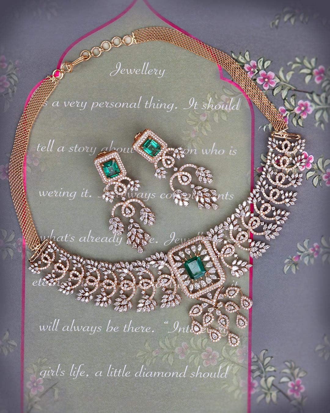 Noor The Emerald Whisper: 18K Rose Gold Necklace & Earring Set