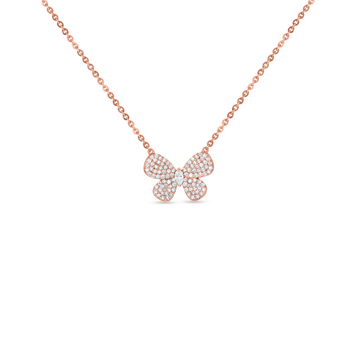 18k Rose Gold Butterfly Motif Diamond Pendant Necklace