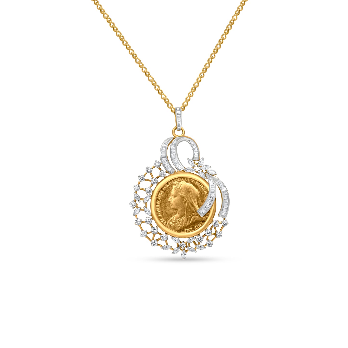 18k Yellow Gold Vintage Diamond Coin Pendant Necklace (2.43 Carats- VVS Quality Diamonds)