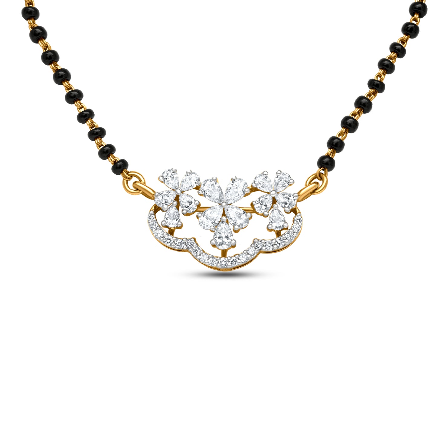 18k Yellow Gold Diamond 3 Clover Leaves Mangalsutra Pendant Necklace