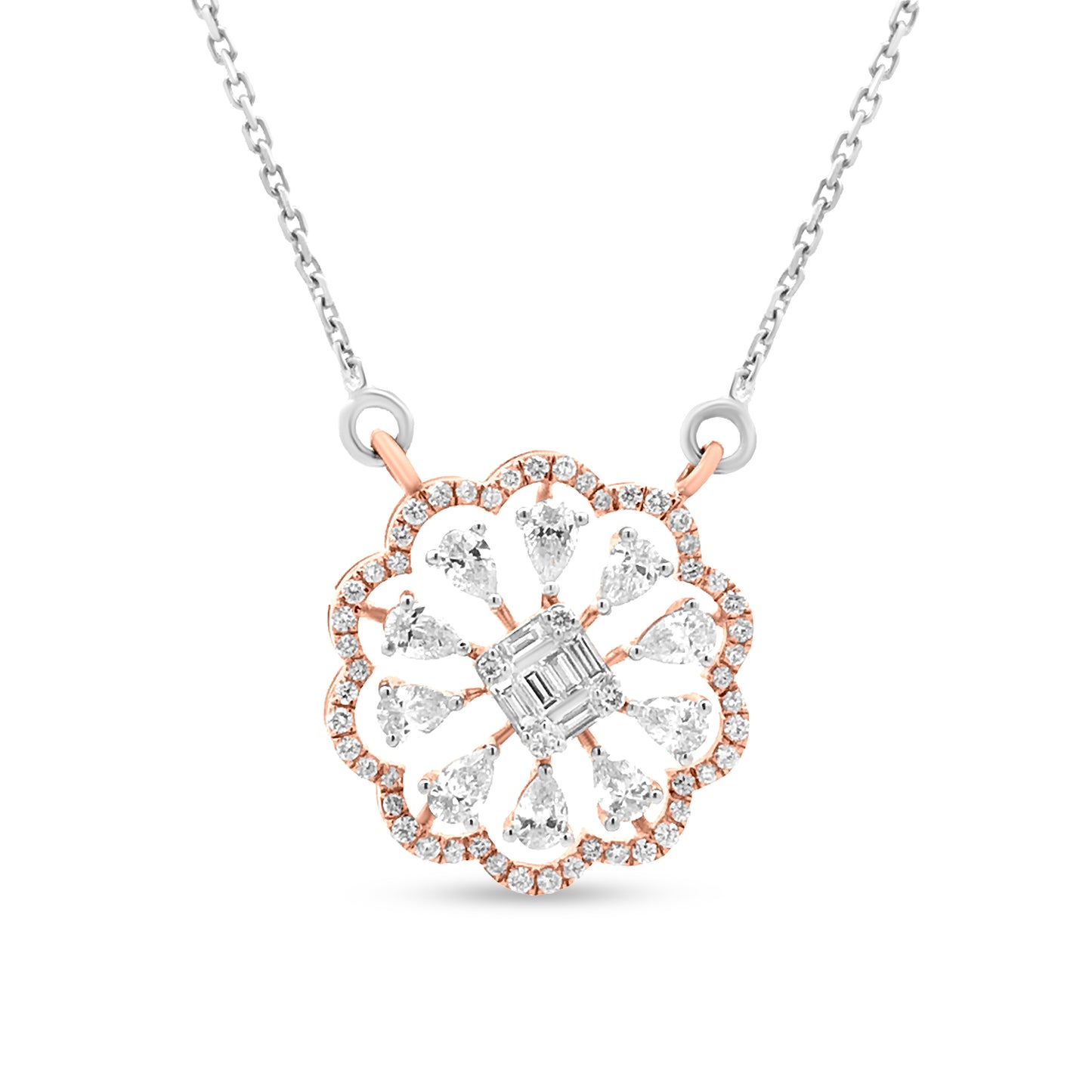 Effortlessly Elegant, A Rose Gold Flower Motif Encircled By Sparkling Pear And Baguette Diamonds On White Gold Chain.