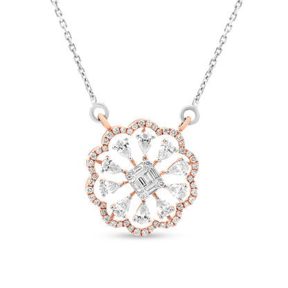 Effortlessly Elegant, A Rose Gold Flower Motif Encircled By Sparkling Pear And Baguette Diamonds On White Gold Chain.