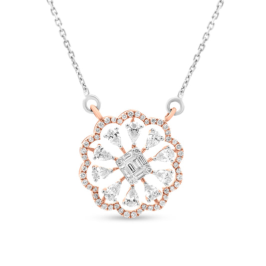 Effortlessly Elegant, A Rose Gold Flower Motif Encircled By Sparkling Pear And Baguette Diamonds On White Gold Chain.