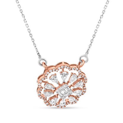 Effortlessly Elegant, A Rose Gold Flower Motif Encircled By Sparkling Pear And Baguette Diamonds On White Gold Chain.
