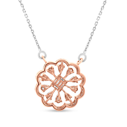 Effortlessly Elegant, A Rose Gold Flower Motif Encircled By Sparkling Pear And Baguette Diamonds On White Gold Chain.