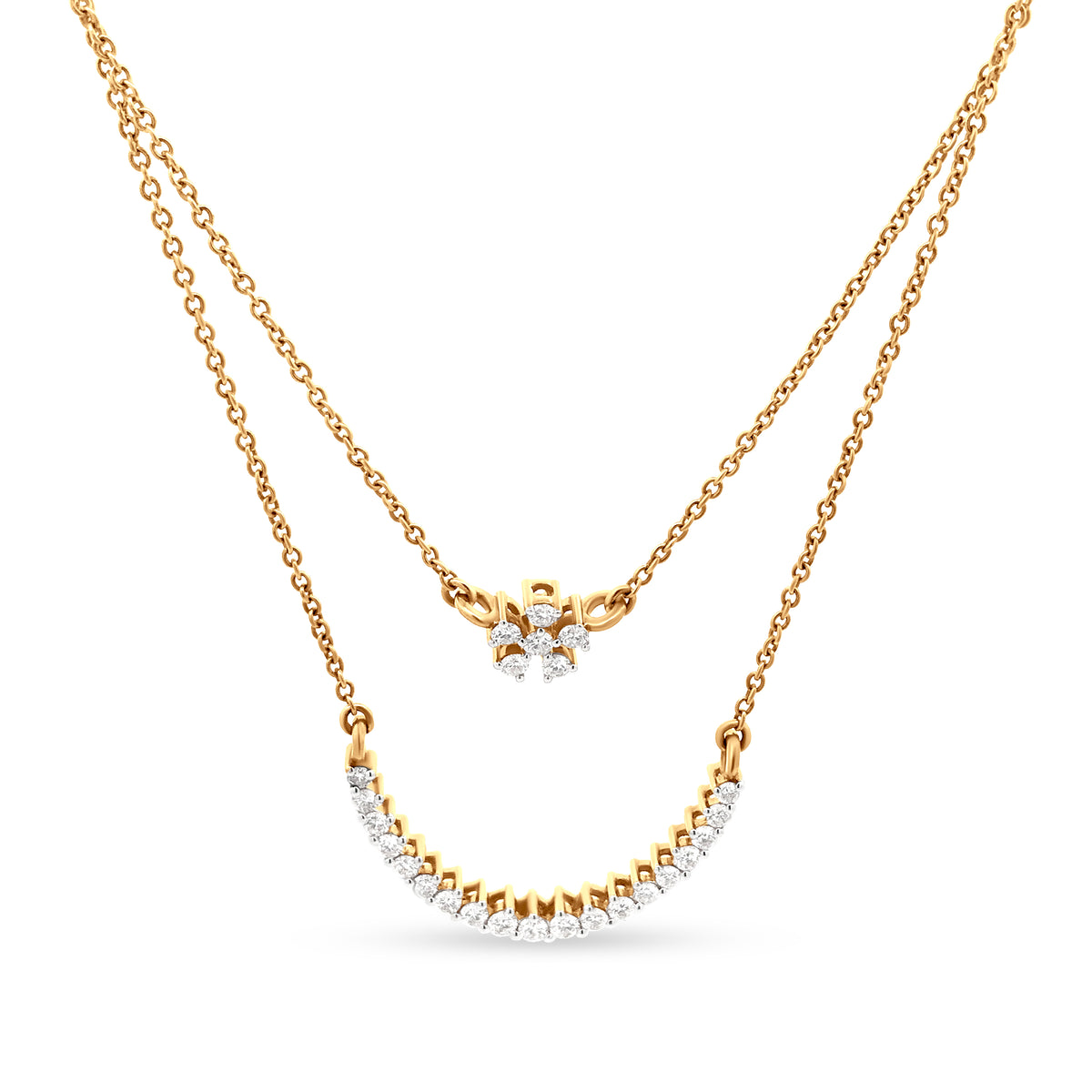 18K Yellow Gold Diamond Double Layer Necklace-Gleaming star shining under a half-moon.