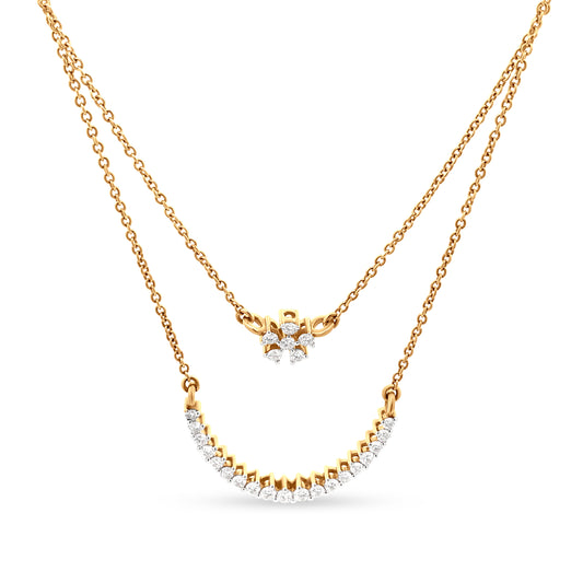 18K Yellow Gold Diamond Double Layer Necklace-Gleaming star shining under a half-moon.