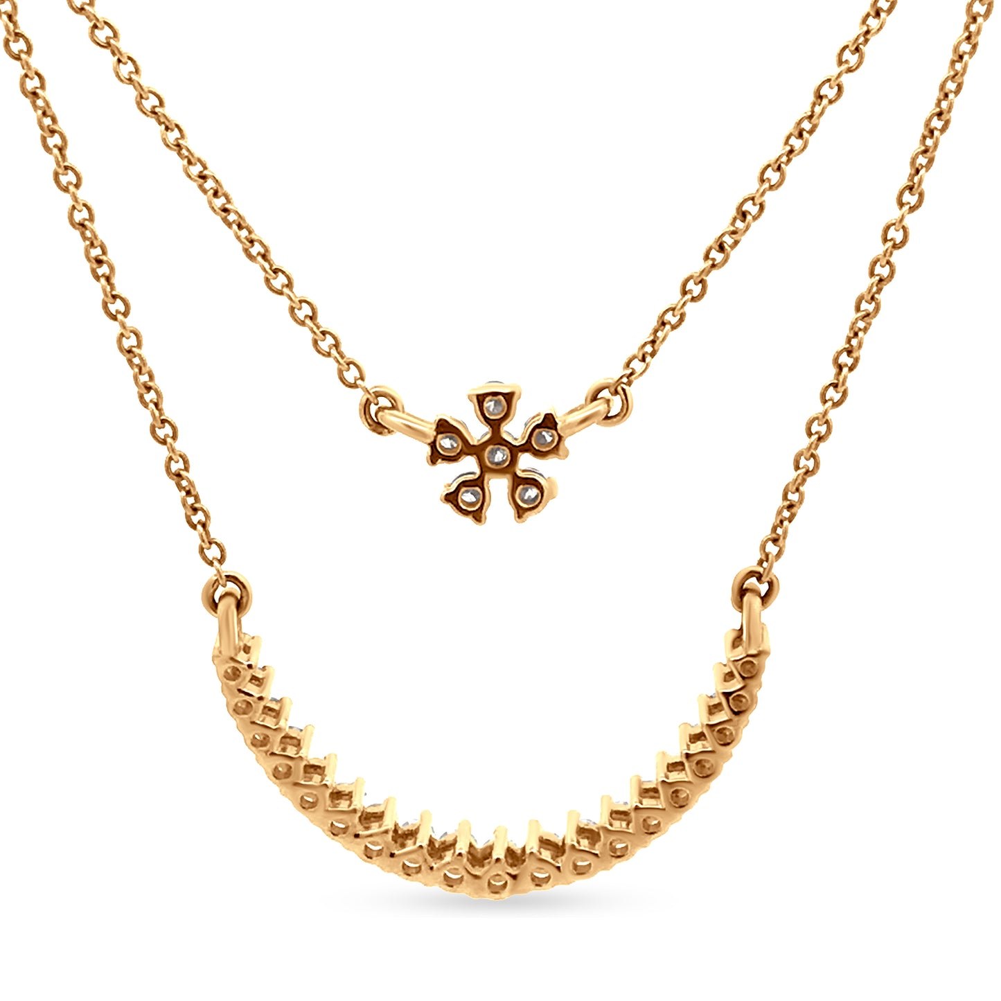 18K Yellow Gold Diamond Double Layer Necklace-Gleaming star shining under a half-moon.