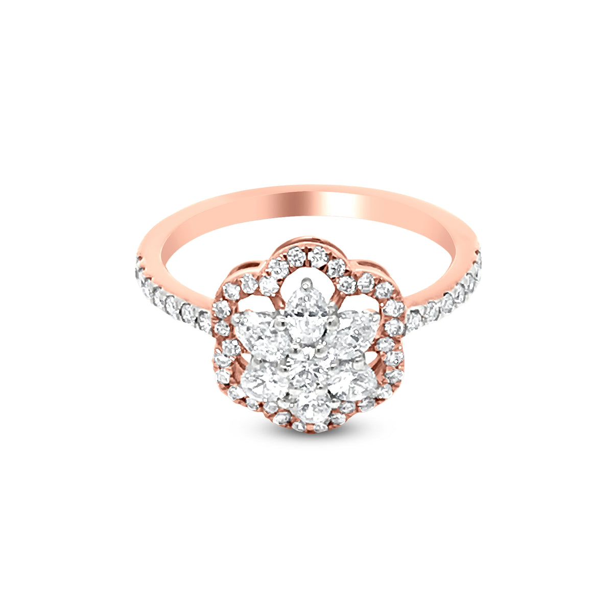 18K Rose Gold Halo Diamond Flower Ring with 0.83 Carat of Round And Oval Diamonds