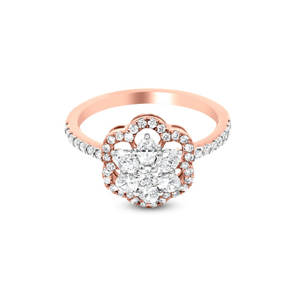 18K Rose Gold Halo Diamond Flower Ring with 0.83 Carat of Round And Oval Diamonds