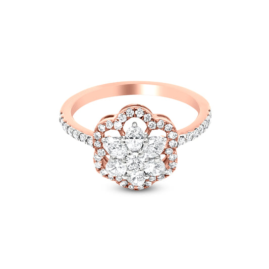 18K Rose Gold Halo Diamond Flower Ring with 0.83 Carat of Round And Oval Diamonds