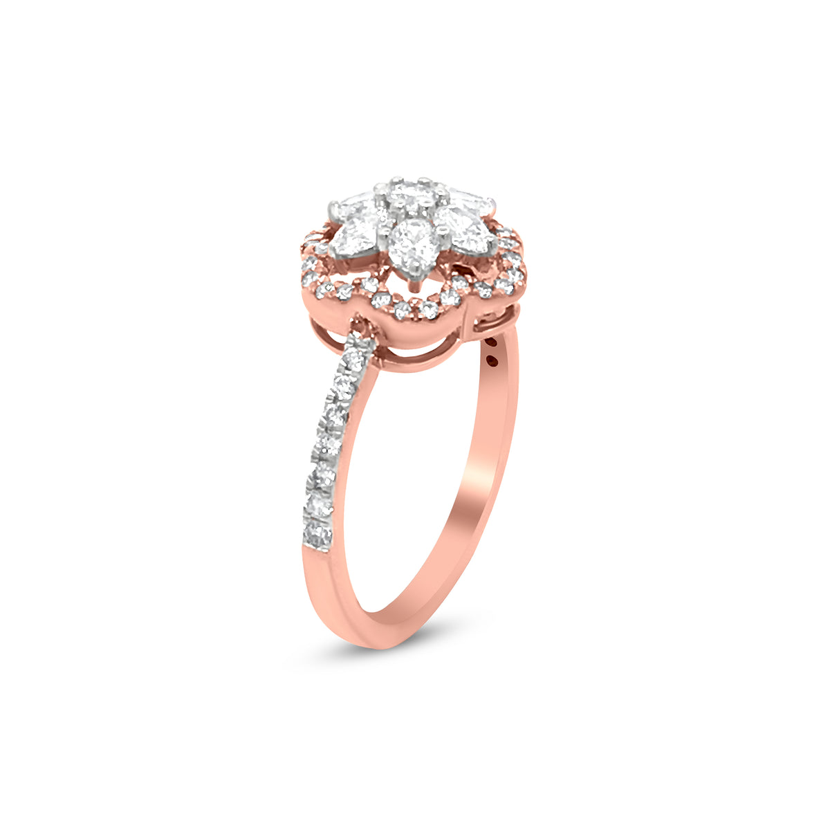 18K Rose Gold Halo Diamond Flower Ring with 0.83 Carat of Round And Oval Diamonds