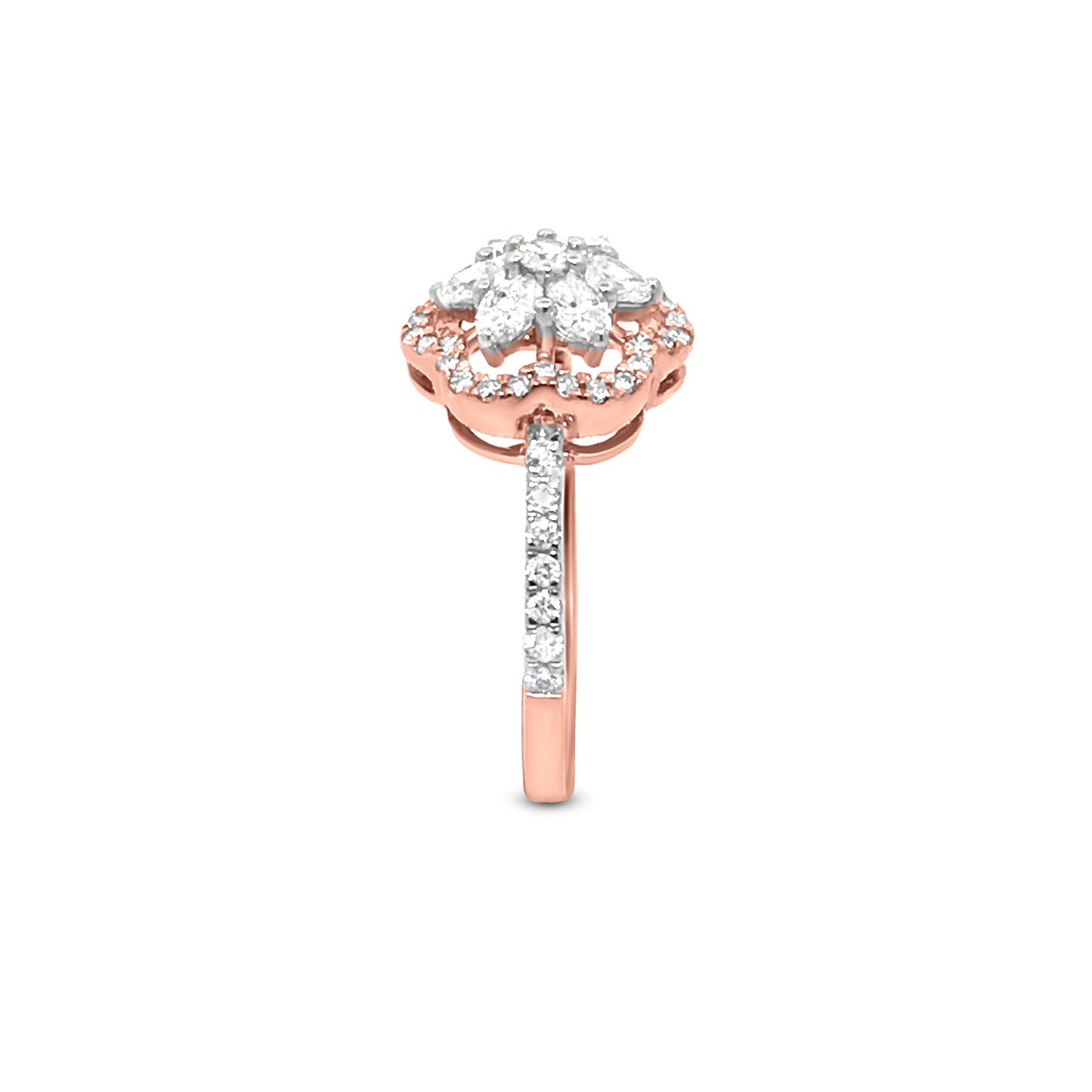 18K Rose Gold Halo Diamond Flower Ring with 0.83 Carat of Round And Oval Diamonds