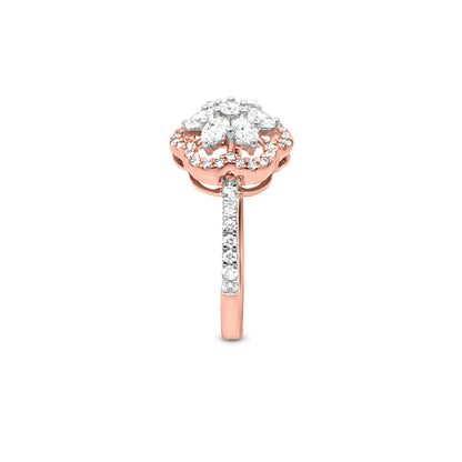 18K Rose Gold Halo Diamond Flower Ring with 0.83 Carat of Round And Oval Diamonds