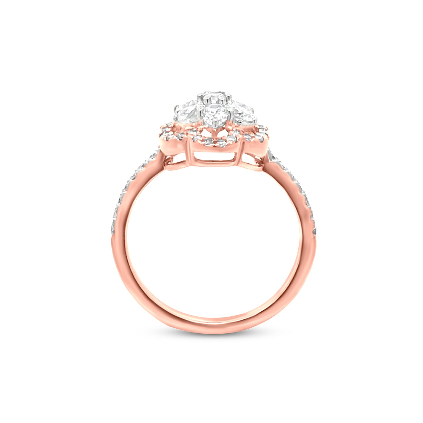 18K Rose Gold Halo Diamond Flower Ring with 0.83 Carat of Round And Oval Diamonds