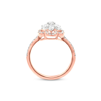 18K Rose Gold Halo Diamond Flower Ring with 0.83 Carat of Round And Oval Diamonds